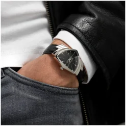 Hamilton Ventura Quartz 32mm x 50mm Black Dial Steel Case Black Leather Strap Watch