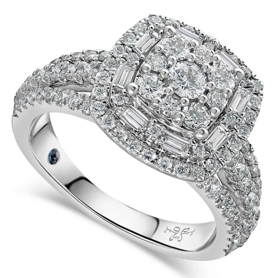 Kathy De Stafford 18ct White Gold ''Annalise'' Square Halo Cluster & 3 Row Shoulders 1ct Ring