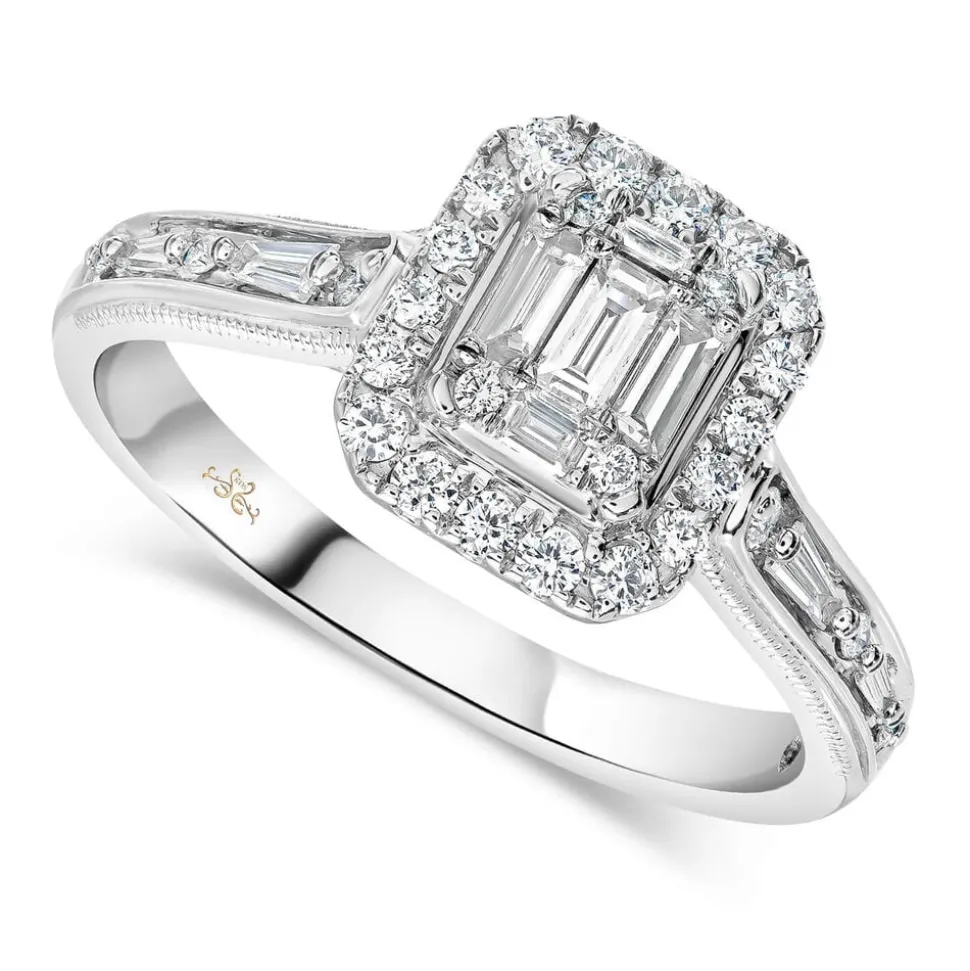 Kathy De Stafford 18ct White Gold ''Athena'' Rectangular Halo Bag Round Shoulders 0.40ct Ring