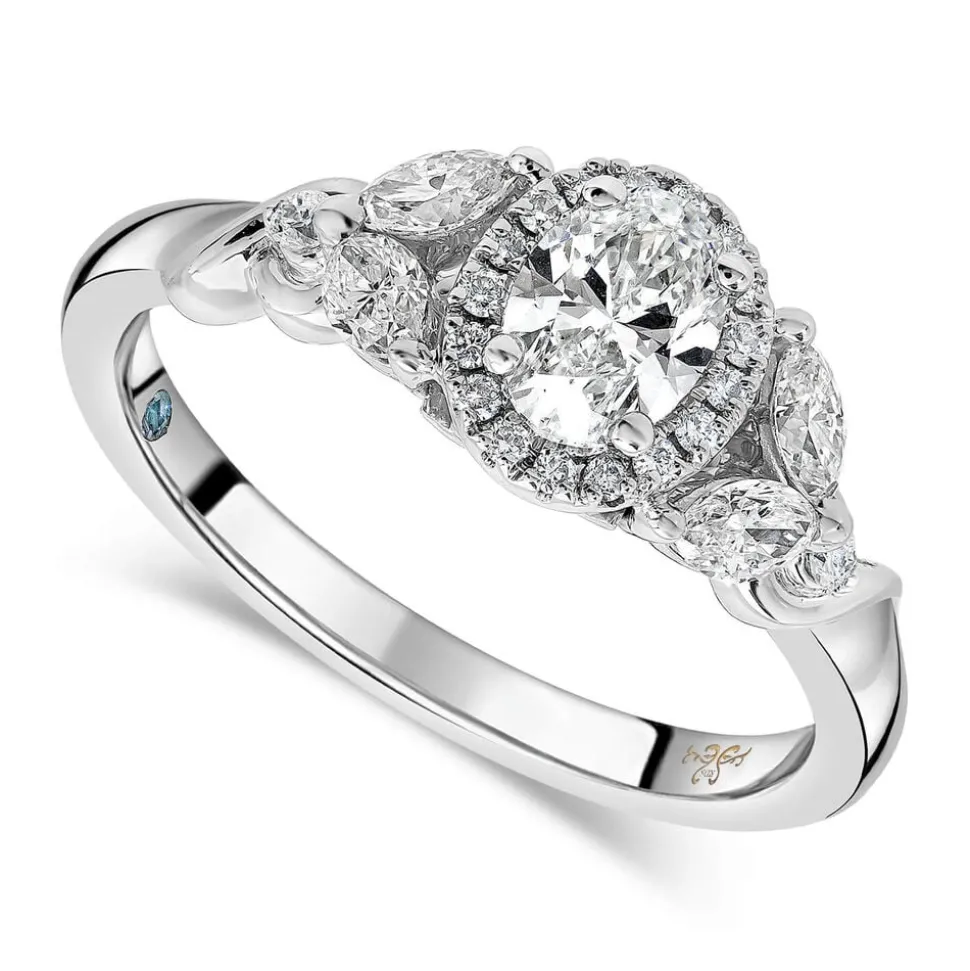 Kathy De Stafford 18ct White Gold ''Layla'' Oval Halo With Side Stone 0.75ct Ring