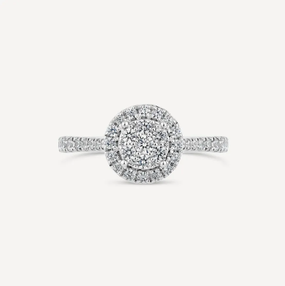 Kathy De Stafford 18ct White Gold Diamond Halo Cluster Stone Set Shoulders 0.60 Carat Ring