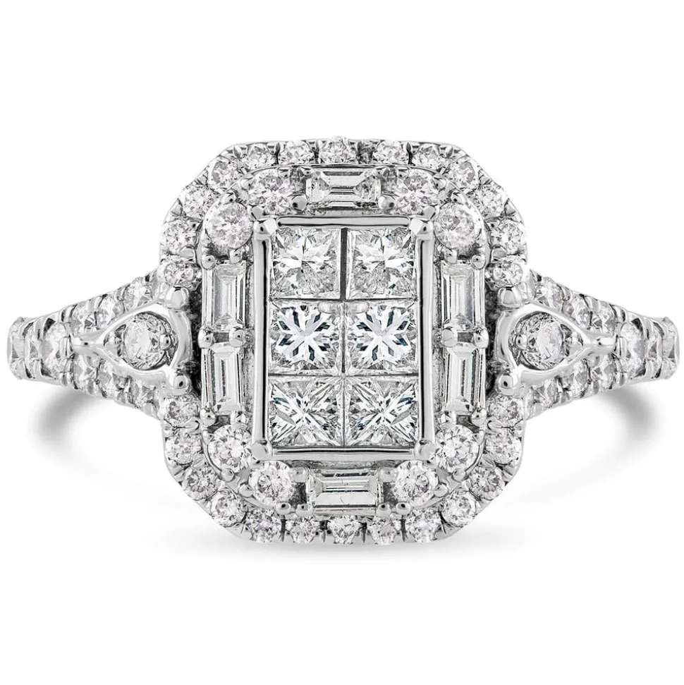 Kathy De Stafford 18ct White Gold 'Saffron' Rectangular Princess & Baguette Halo Shoulders Ring