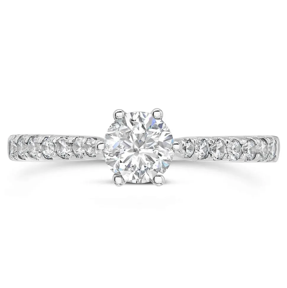 Kathy De Stafford 18ct White Gold 'Sasha' Diamond 6 Claw Solitaire & Pave Shoulders 0.75ct Ring