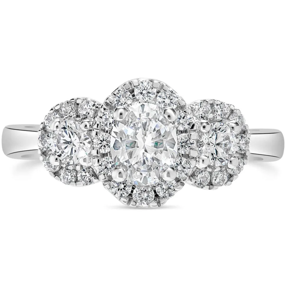 Kathy De Stafford 18ct White Gold ''Ivy'' 3 Stone Oval Centre Halo 0.85ct Ring