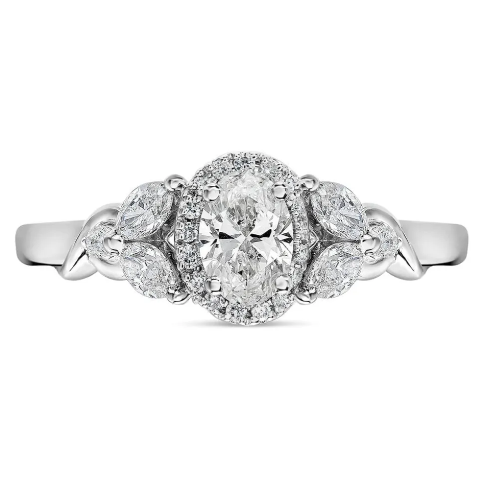 Kathy De Stafford 18ct White Gold ''Layla'' Oval Halo With Side Stone 0.75ct Ring