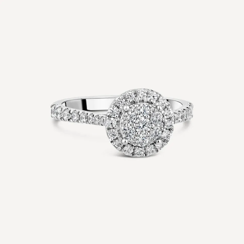 Kathy De Stafford 18ct White Gold Diamond Halo Cluster Stone Set Shoulders 0.60 Carat Ring