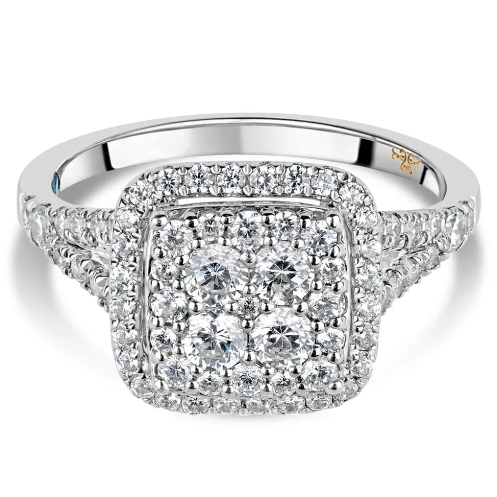 Kathy De Stafford 18ct White Gold 'Anastasia' Diamond Square Cluster Halo Shoulders 1ct Ring
