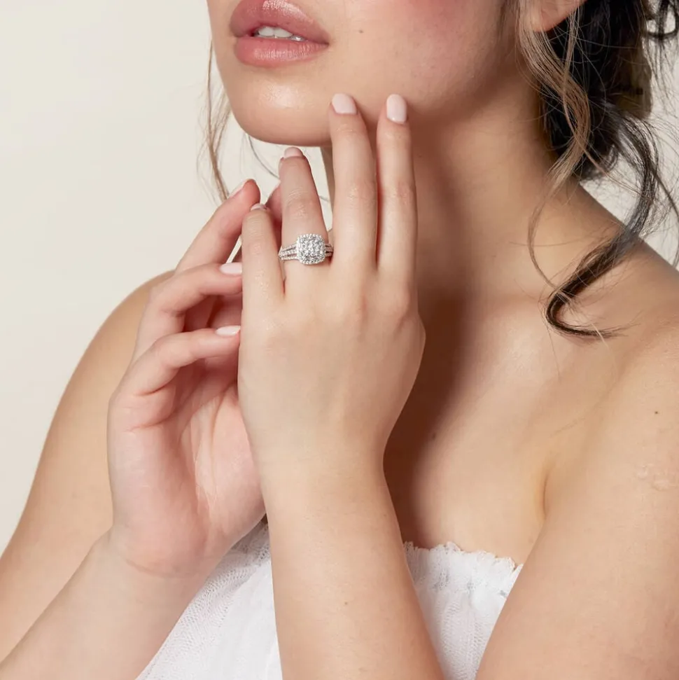 Kathy De Stafford 18ct White Gold ''Annalise'' Square Halo Cluster & 3 Row Shoulders 1ct Ring