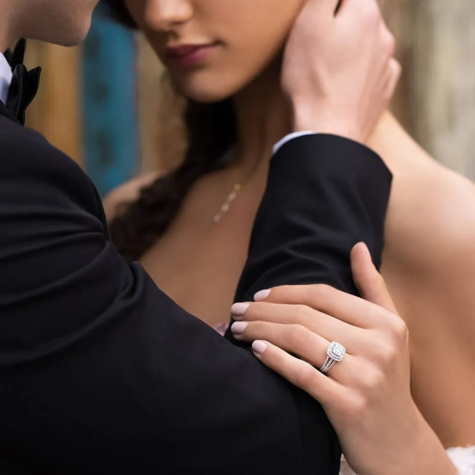 Kathy De Stafford 18ct White Gold ''Annalise'' Square Halo Cluster & 3 Row Shoulders 1ct Ring