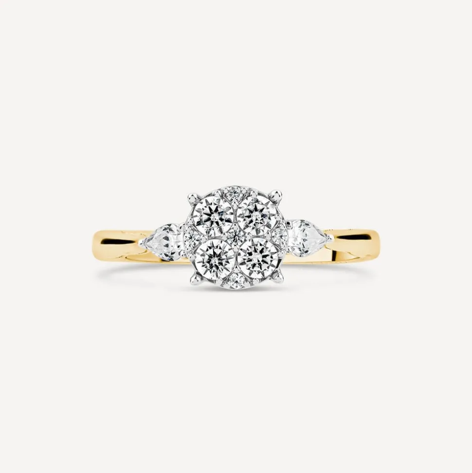 Kathy De Stafford 18ct Yellow Gold 'Amira' 0.50ct Diamond Round Cluster Pear Shoulders Ring