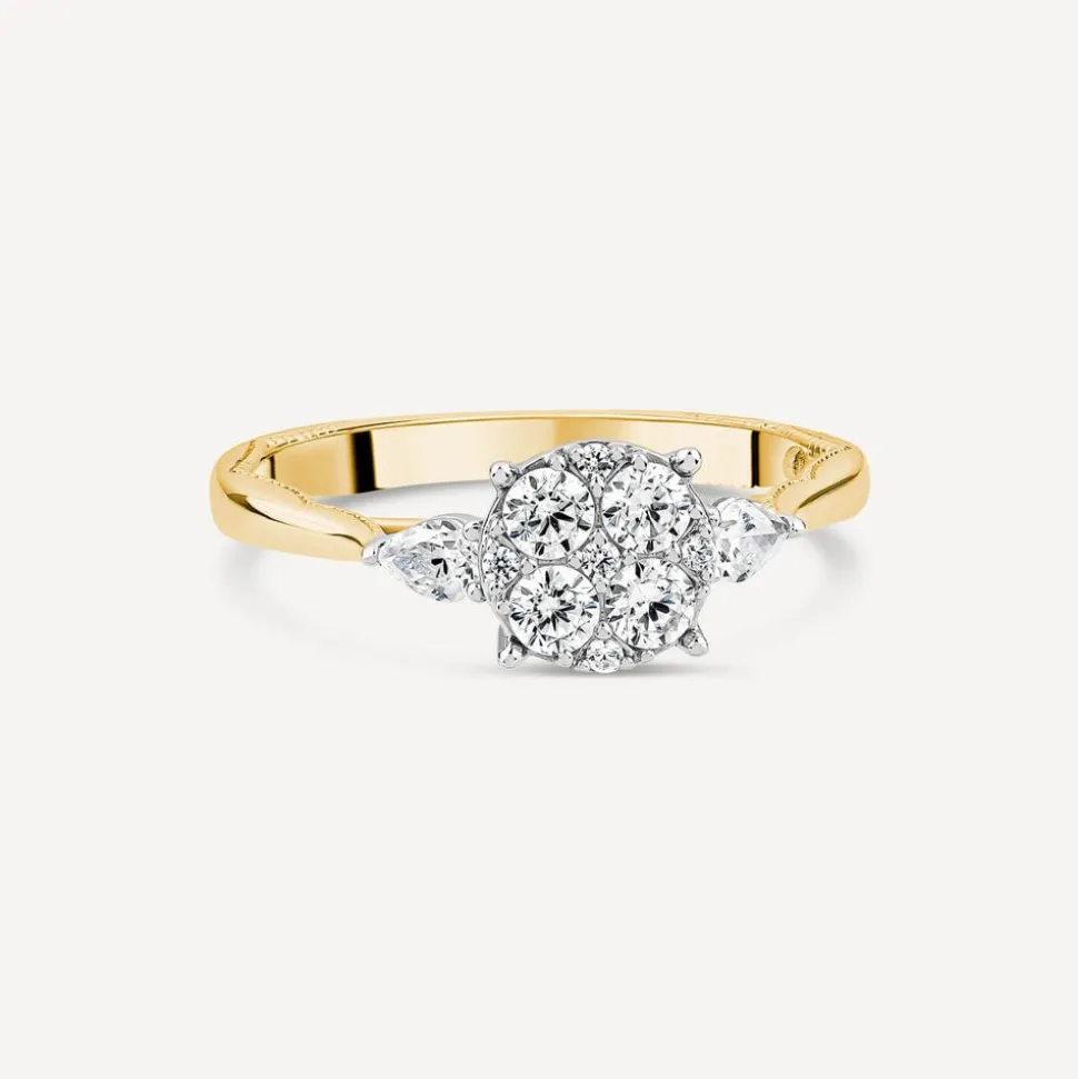 Kathy De Stafford 18ct Yellow Gold 'Amira' 0.50ct Diamond Round Cluster Pear Shoulders Ring