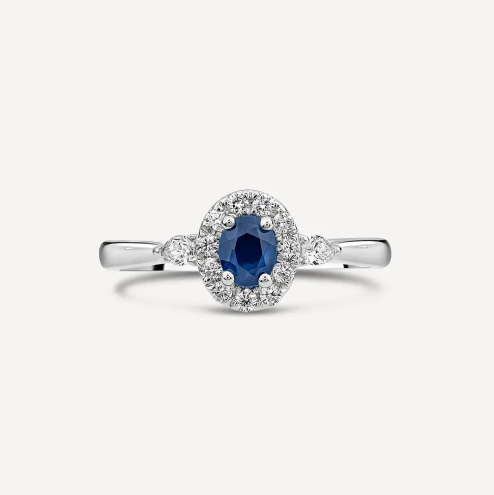 Kathy de Strafford 18ct White Gold Oval Sapphire & 0.30ct Pear Diamond Shoulders Ring