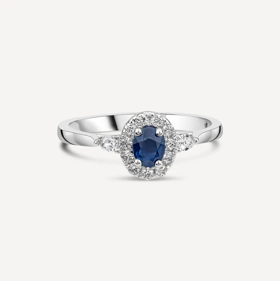 Kathy de Strafford 18ct White Gold Oval Sapphire & 0.30ct Pear Diamond Shoulders Ring