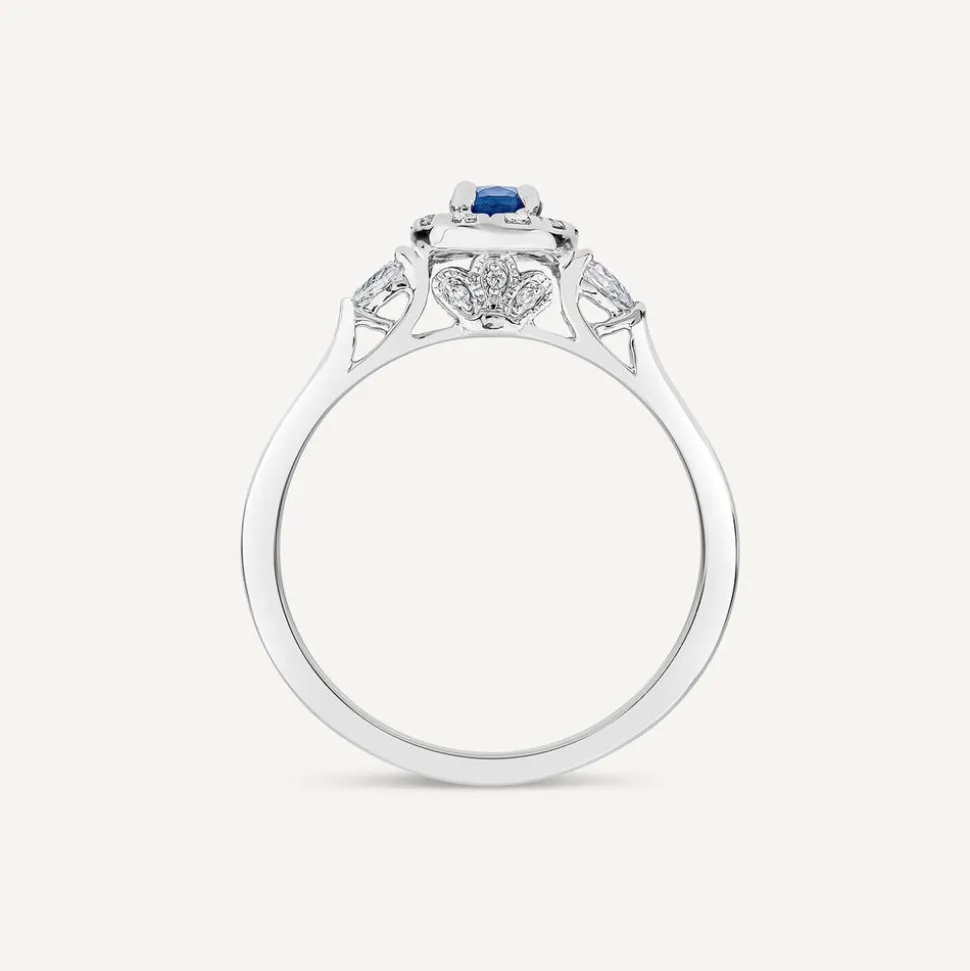Kathy de Strafford 18ct White Gold Oval Sapphire & 0.30ct Pear Diamond Shoulders Ring