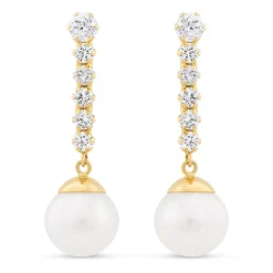 Ladies 9ct Gold Pearl Drop Earrings with Cubic Zirconia
