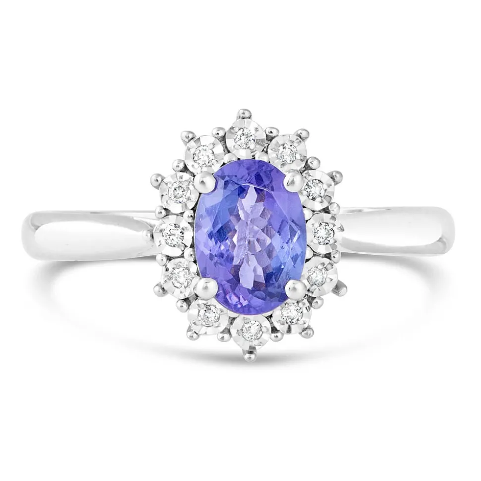 Ladies 9ct White Gold and Diamond Cluster Tanzanite Dress Ring