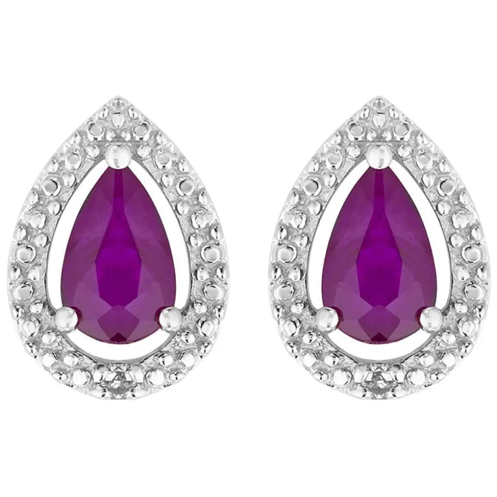 Ladies 9ct White Gold Created Ruby and Diamond Pear Earrings