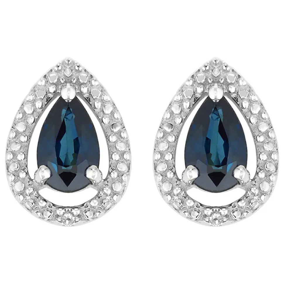 Ladies 9ct White Gold Created Sapphire and Diamond Pear Earrings