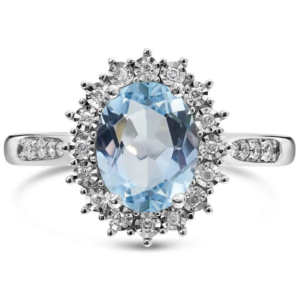 Ladies 9ct White Gold Diamond and Blue Topaz Cluster Dress Ring