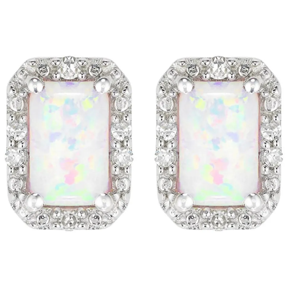 Ladies 9ct White Gold Opal and Diamond Stud Earrings