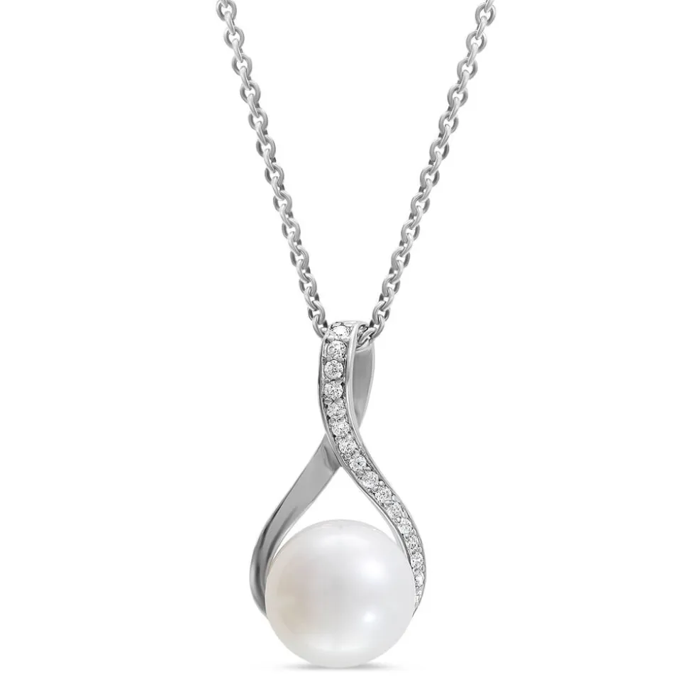 Ladies Silver Cubic Zirconia & Freshwater Pearl Twist Top Drop Necklace (Chain Included)