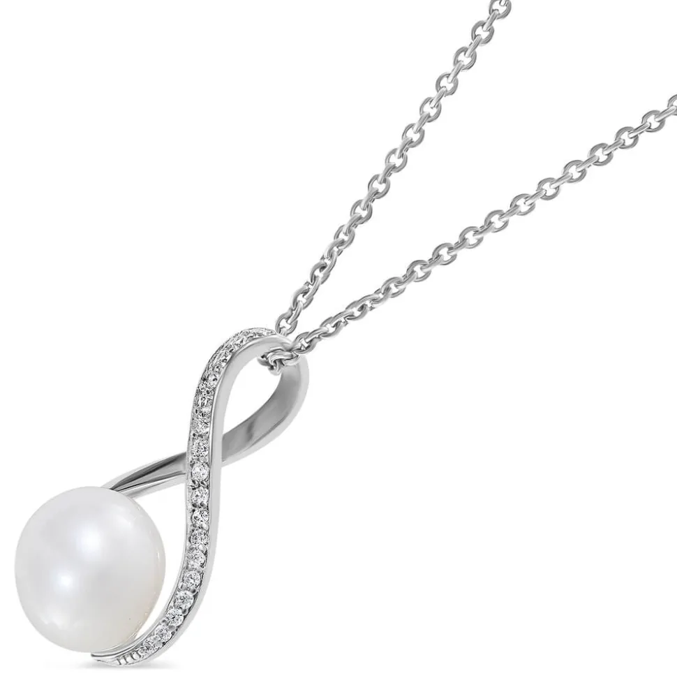 Ladies Silver Cubic Zirconia & Freshwater Pearl Twist Top Drop Necklace (Chain Included)