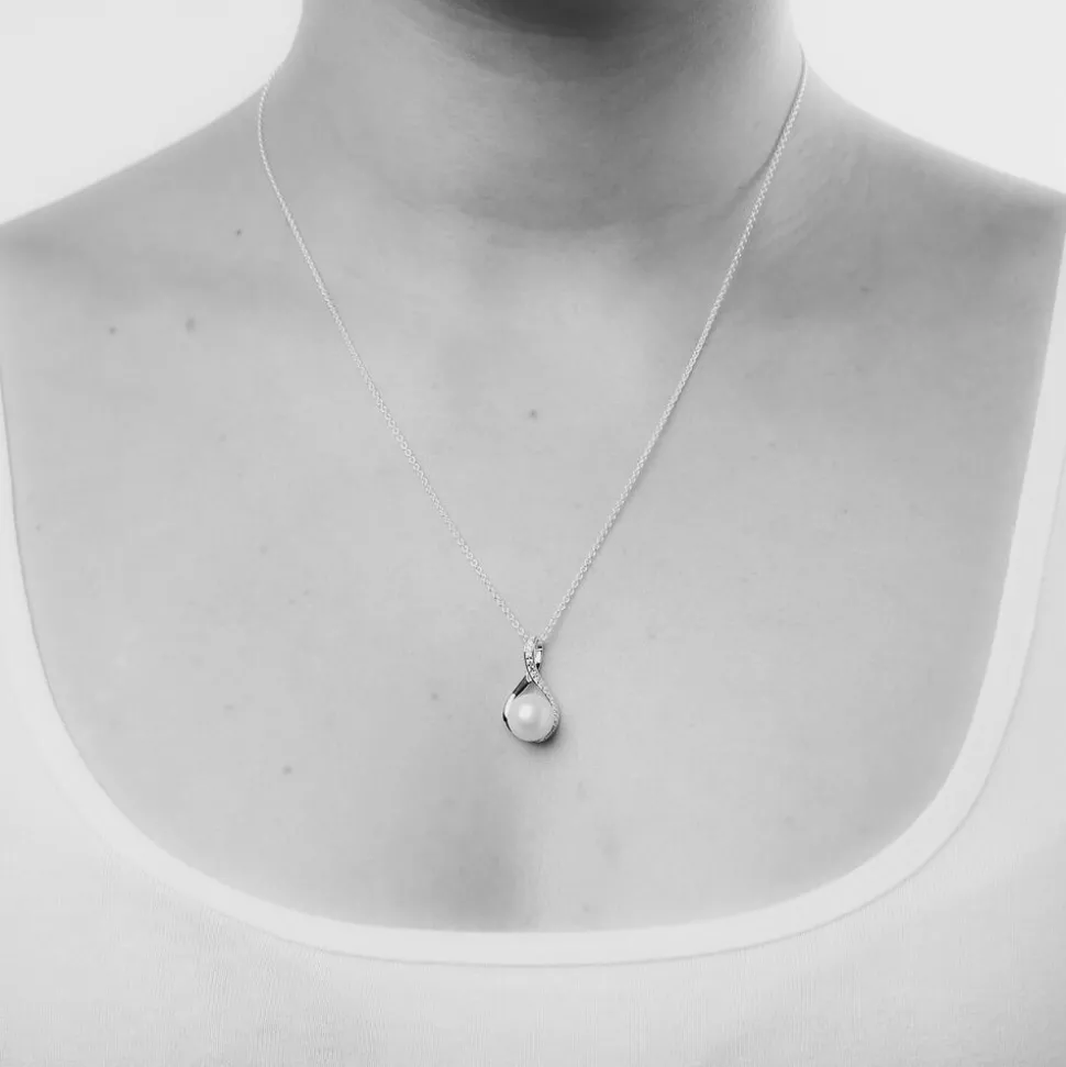 Ladies Silver Cubic Zirconia & Freshwater Pearl Twist Top Drop Necklace (Chain Included)