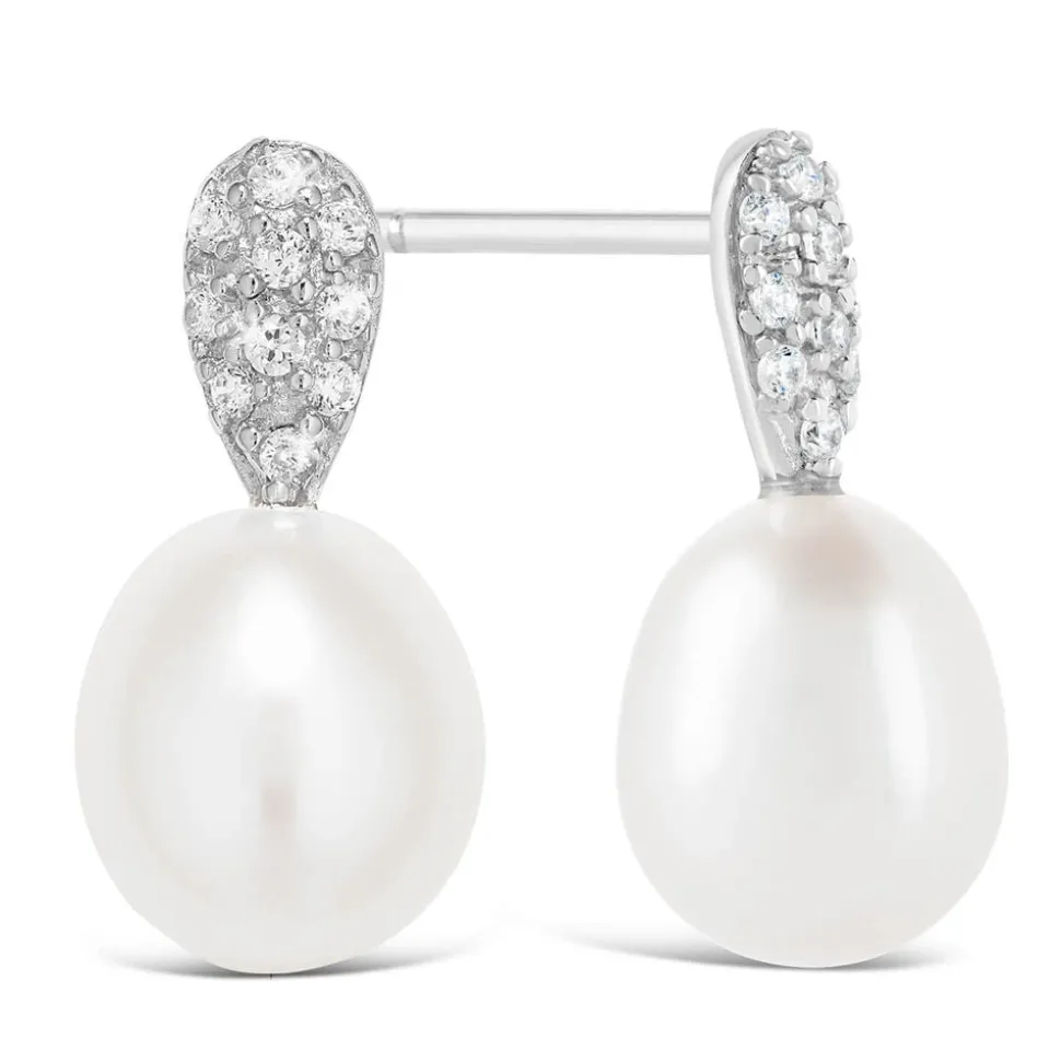 Ladies Sterling Silver and Cubic Zirconia Pearl Earrings