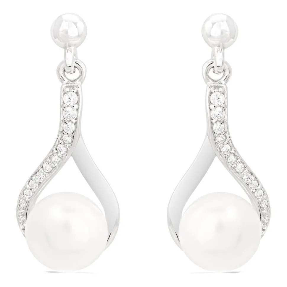 Ladies Sterling Silver with Cubic Zirconia and Freshwater Pearl Twist Top Drop Earrings