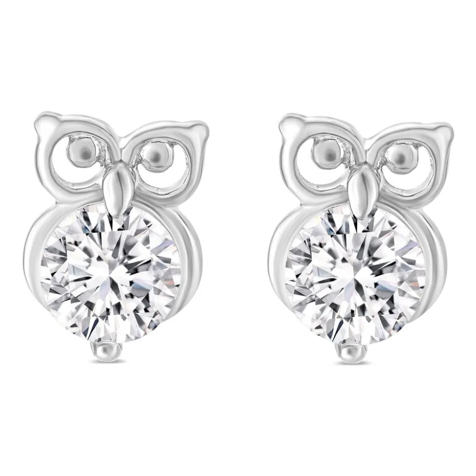 Little Treasure Sterling Silver Cubic Zirconia Owl Stud Earrings