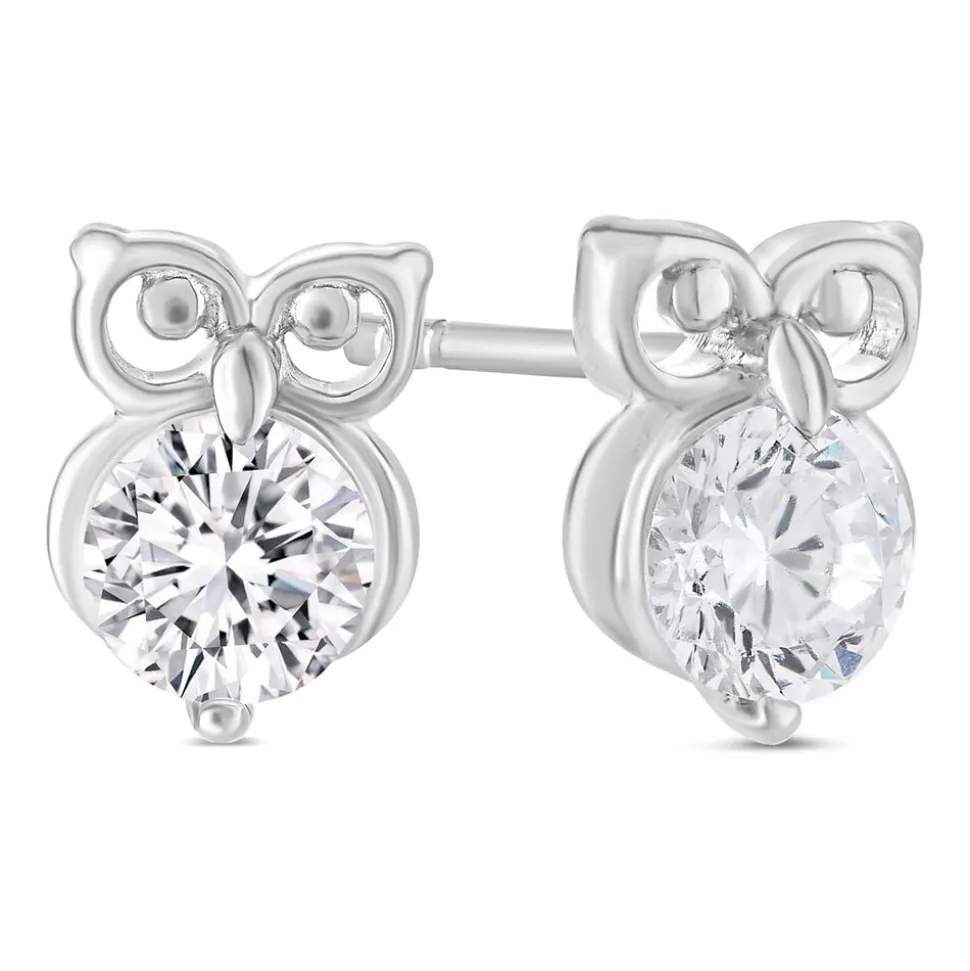 Little Treasure Sterling Silver Cubic Zirconia Owl Stud Earrings