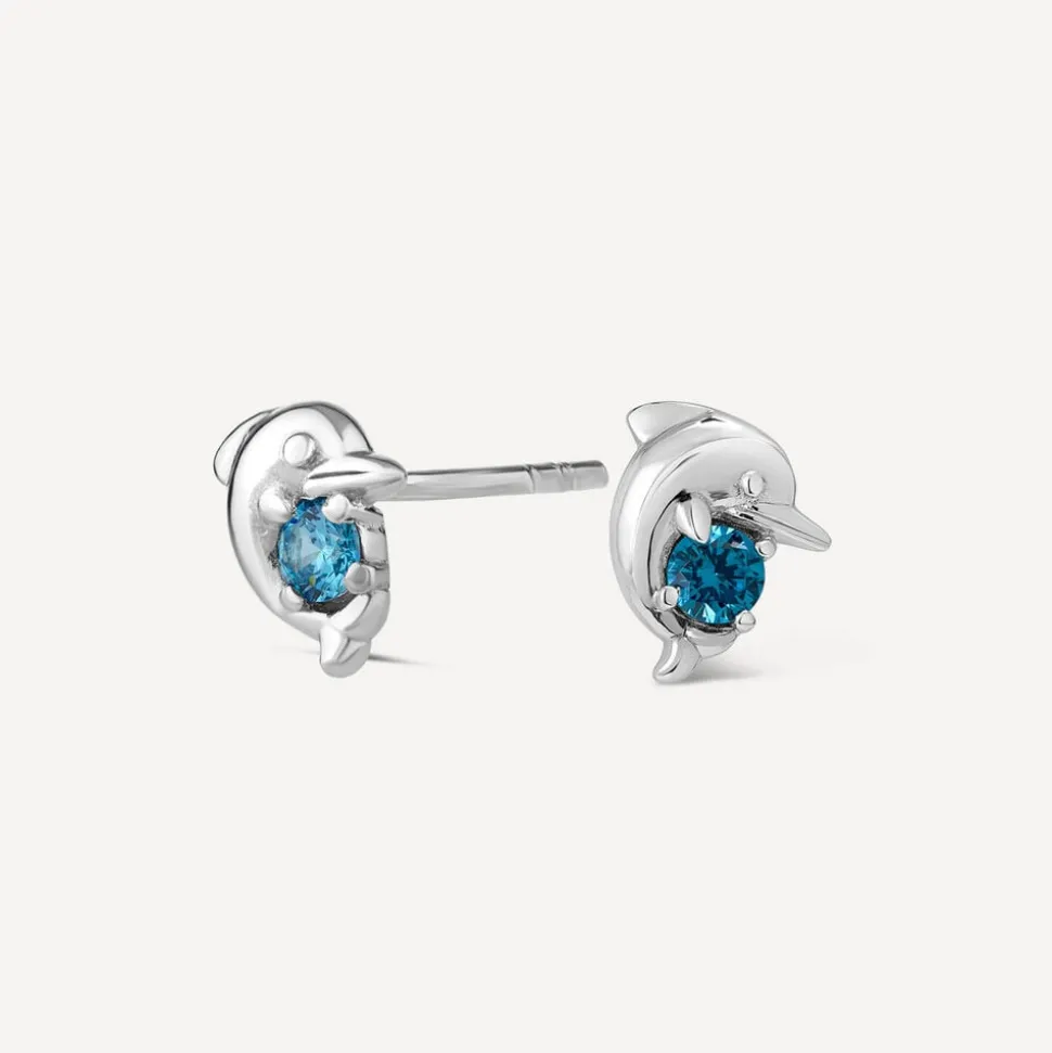 Little Treasure Sterling Silver Blue Crystal Dolphin Stud Earrings