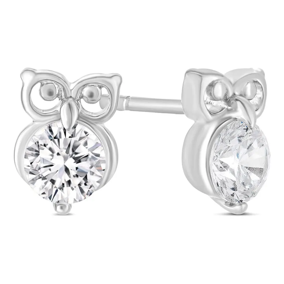 Little Treasure Sterling Silver Cubic Zirconia Owl Stud Earrings