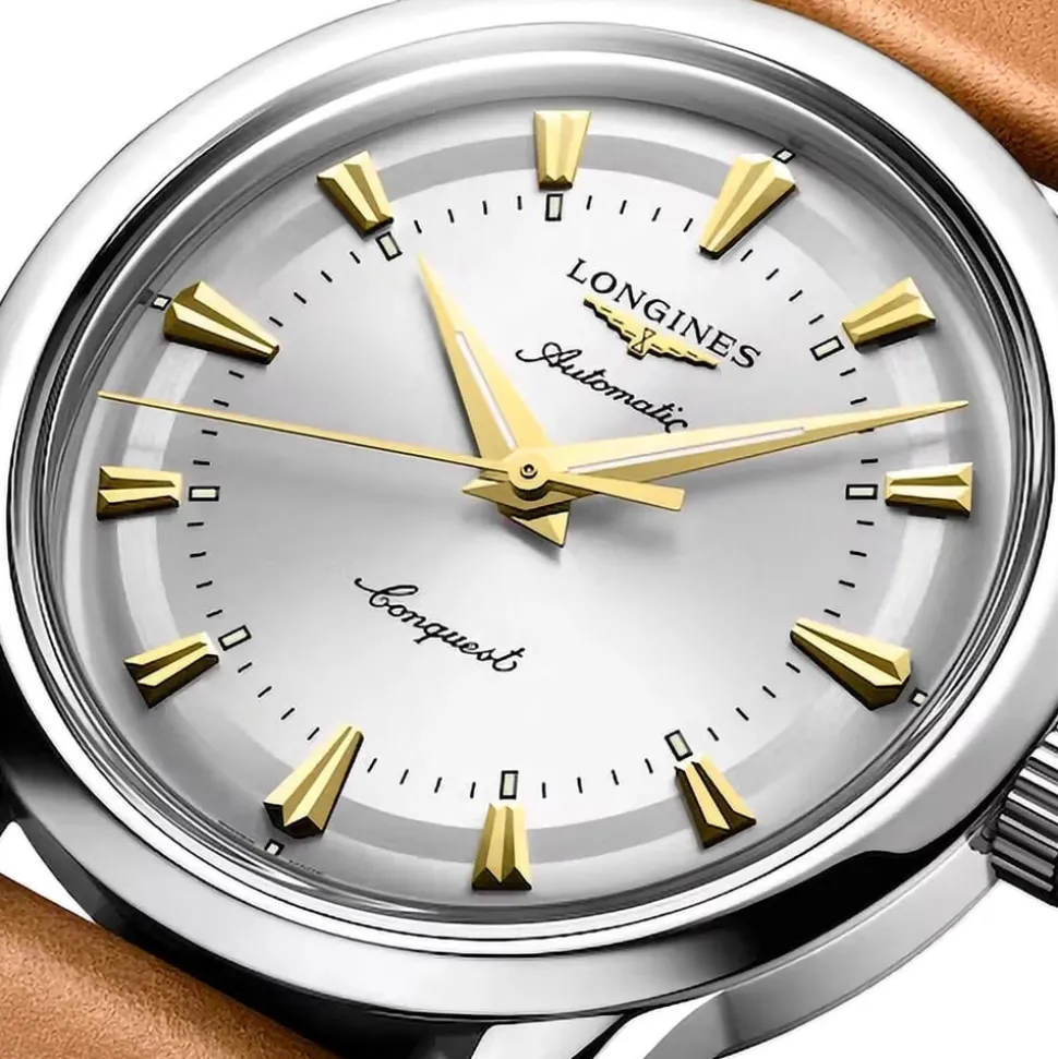 Longines Conquest Heritage 38mm Silver Dial Brown Leather Strap Watch