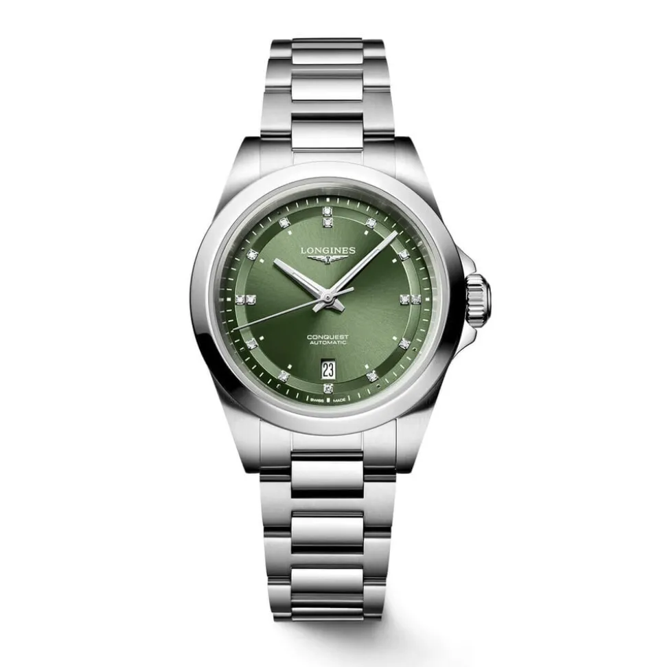Longines Conquest 30mm Green Dial Diamond Dots Steel Bracelet Watch