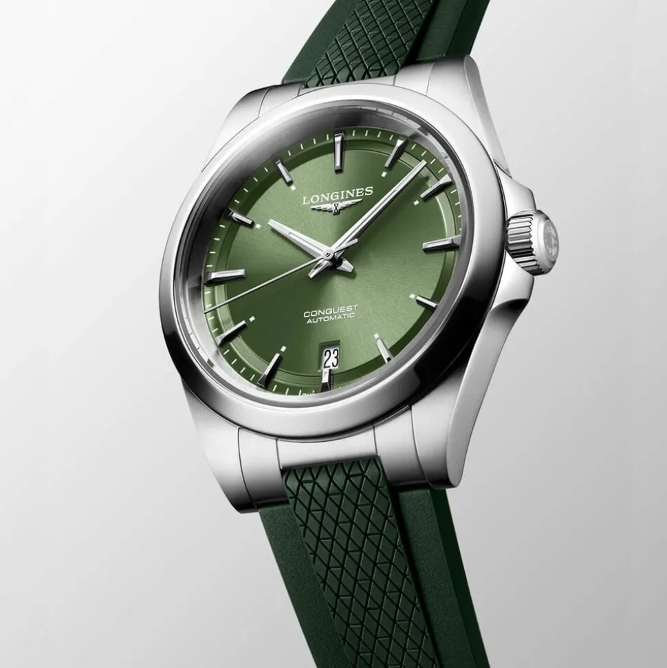 Longines Conquest 38mm Green Dial Green Rubber Strap Watch