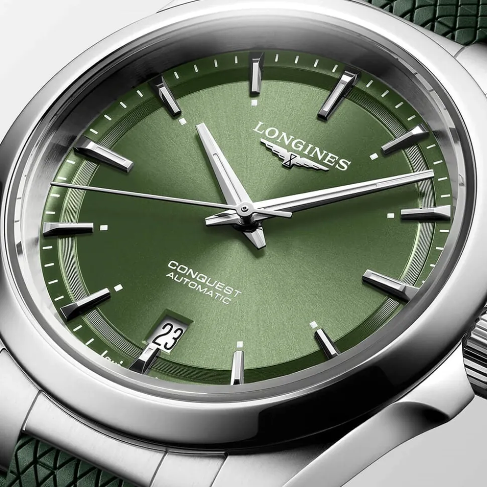 Longines Conquest 38mm Green Dial Green Rubber Strap Watch
