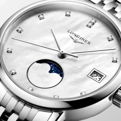 Longines Elegant 30mm MOP Dial Moonphase Diamond Dots Steel Bracelet Watch