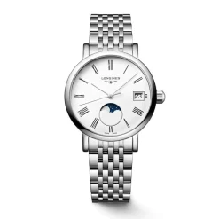 Longines Elegant 30mm White Dial Moonphase Steel Bracelet Watch