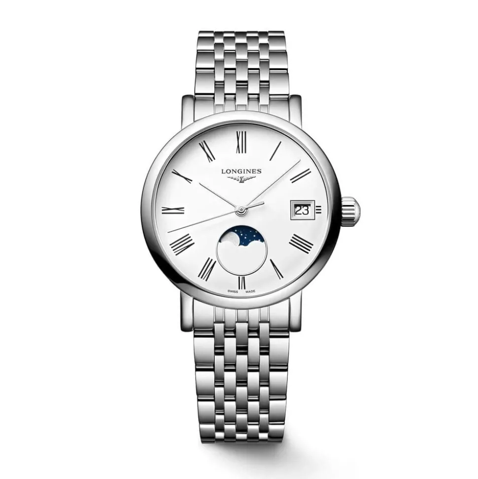 Longines Elegant 30mm White Dial Moonphase Steel Bracelet Watch