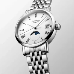 Longines Elegant 30mm White Dial Moonphase Steel Bracelet Watch