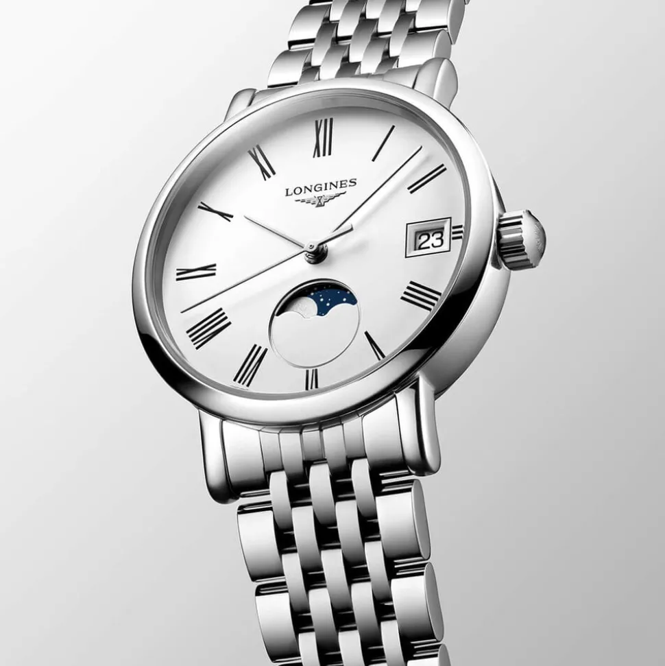 Longines Elegant 30mm White Dial Moonphase Steel Bracelet Watch