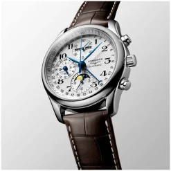 Longines Master Collection 40mm Automatic Chronograph Silver Dial Leather Strap Watch