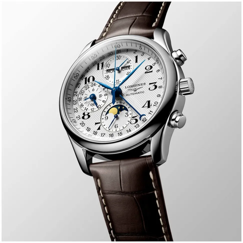 Longines Master Collection 40mm Automatic Chronograph Silver Dial Leather Strap Watch
