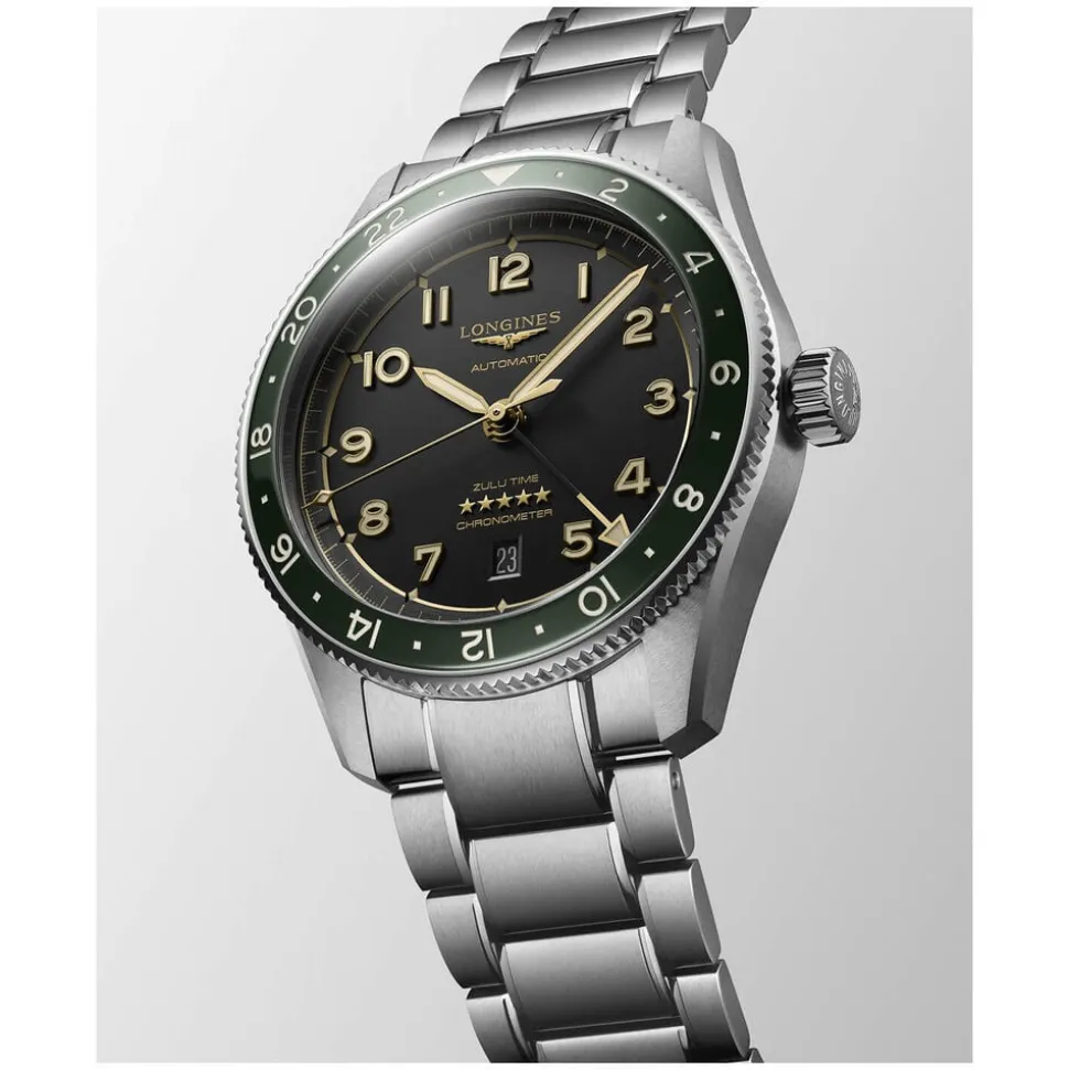 Longines Spirit Zulu 42mm Automatic Black Dial Green Bezel Steel Case Bracelet Watch