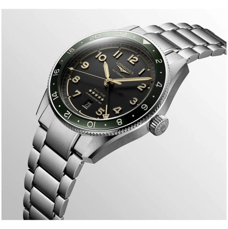Longines Spirit Zulu 42mm Automatic Black Dial Green Bezel Steel Case Bracelet Watch