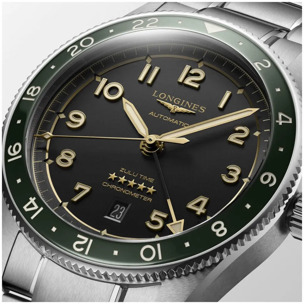 Longines Spirit Zulu 42mm Automatic Black Dial Green Bezel Steel Case Bracelet Watch