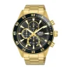 Lorus Quartz Chronograph 45mm Black Dial Gold Tone Steel Bracelet Watch