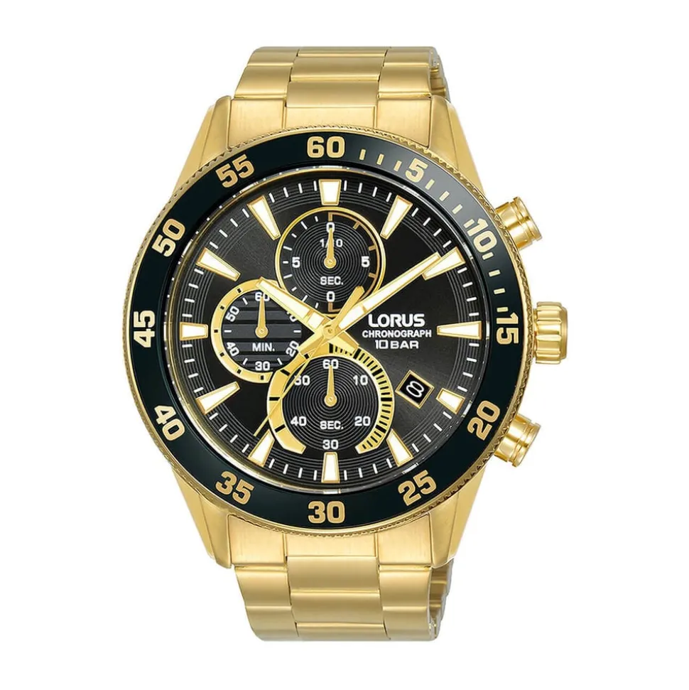Lorus Quartz Chronograph 45mm Black Dial Gold Tone Steel Bracelet Watch
