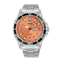 Lorus Quartz Gents 42mm Orange 'Seigaiha-mon' Dial Black Bezel Steel Bracelet Watch